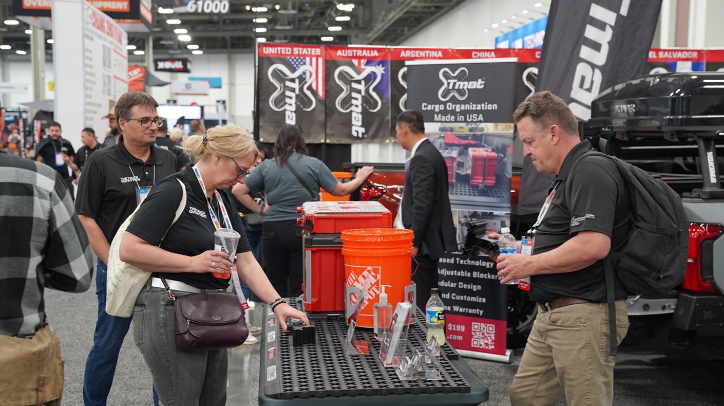 The Tmat Truck Bed Organizer on display, showing the modular X-Grid cargo management system. Photo courtesy of Tmat Products.